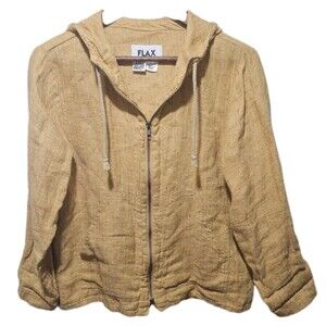 FLAX 100% Linen Full Zip Hoodie Jacket Womens Size Petite Large Pockets